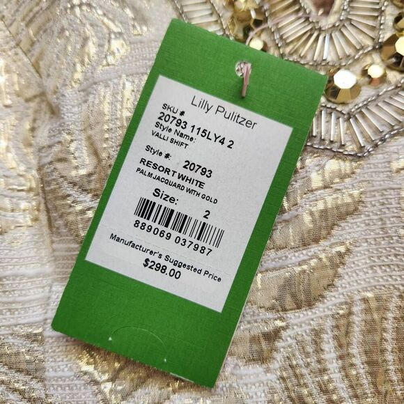 Lilly Pulitzer Shift Dress 2 Resort White Palm Jacquard With Gold Rhinestone Bli - Picture 6 of 9